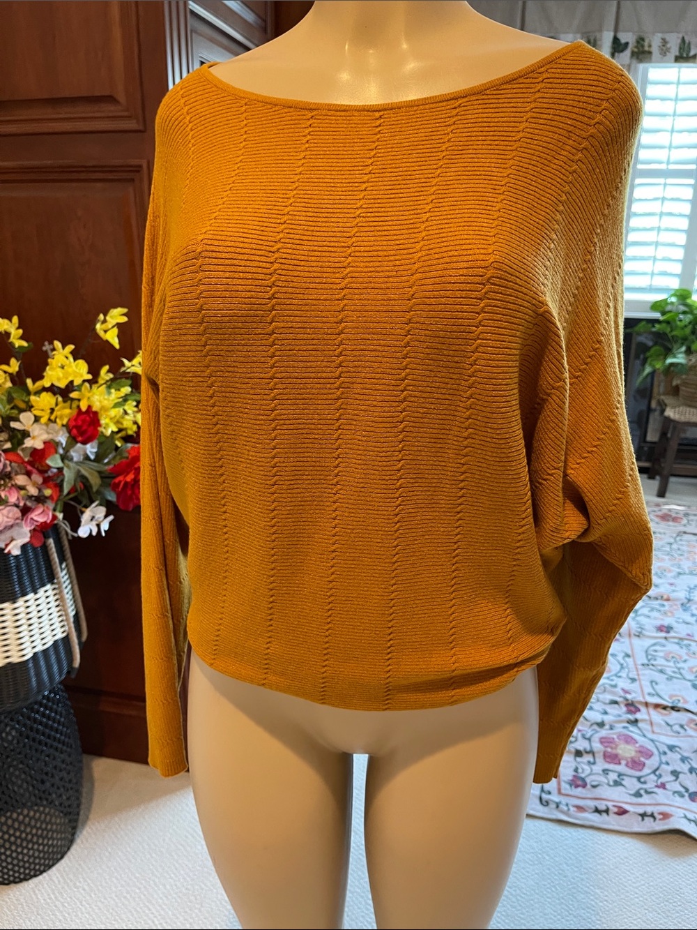 Cyrus Mustard Off-the-Shoulder Ribbed Knit Sweater